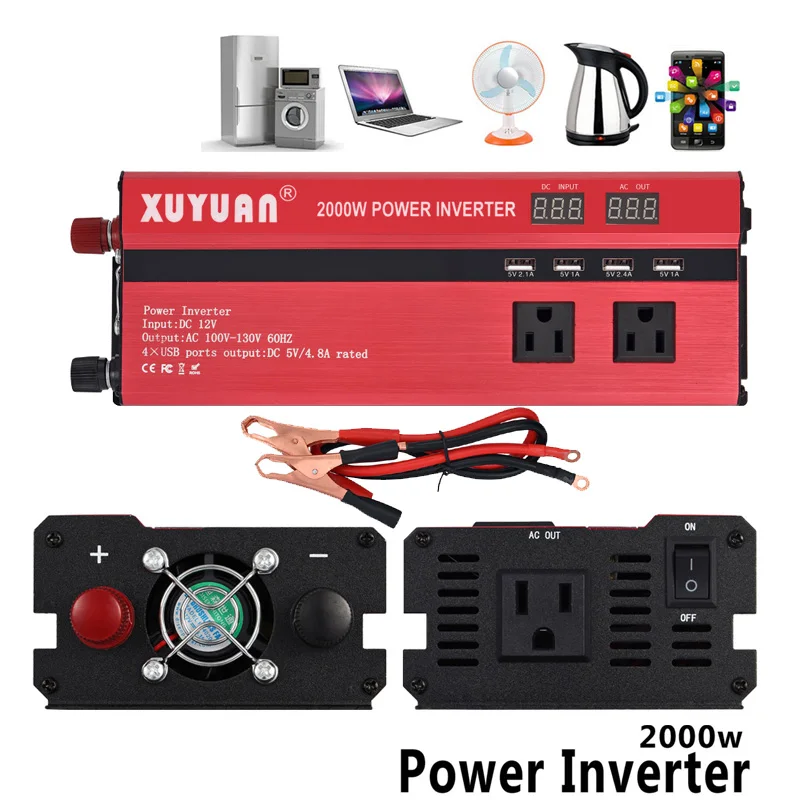 Inverter Per Auto Professionale 2000W Dc 12V A Ac 110V Alimentatore Convertitore Di Tensione Per Auto Caricatore Usb Doppio Display A Led Inversor Pow