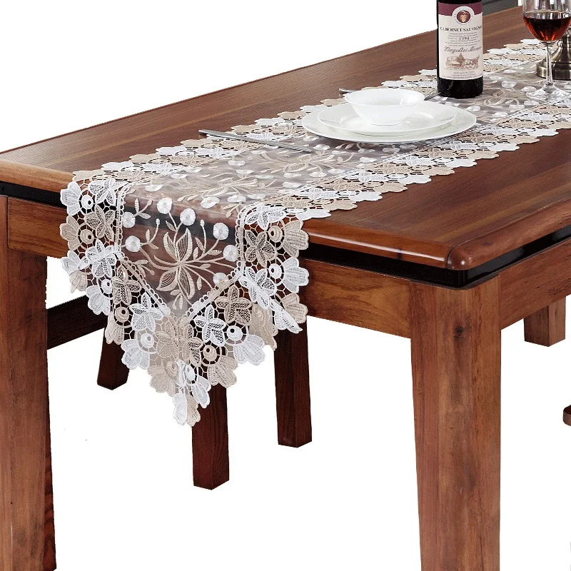 Embroidered Lace Table Runner TV Bench Stand End Table Cover Decoration 40cm x 70 90 120 150 180 220 250 280 310cm White