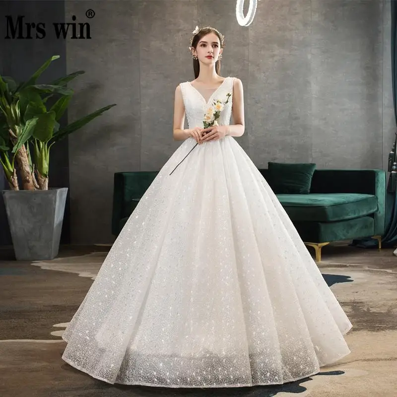 Свадебное платье Mrs Win The Bridal сексуальный v-образный вырез Классическая бисерная шнуровка роскошное бальное платье Кружева вышитые свадебные платья F