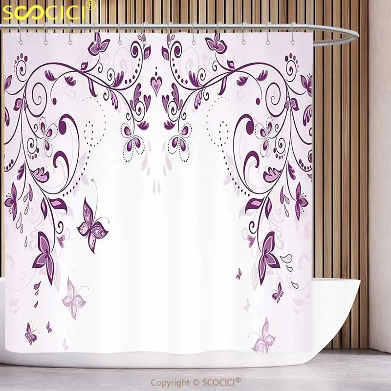 

Decorative Shower Curtain Purple Decor Collection Symmetric Victorian Period Inspired Spring Flower with Long Swirls Ceremony