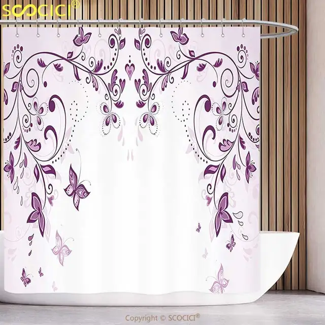 US Decorative Shower Curtain Purple Decor Collection Symmetric Victorian Period Inspired Spring Flower With Long Swirls Ceremony In Shower