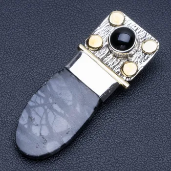

Natural Two Tones Picasso Jasper and Black Onyx Punk Style 925 Sterling Silver Pendant 2" Q1139