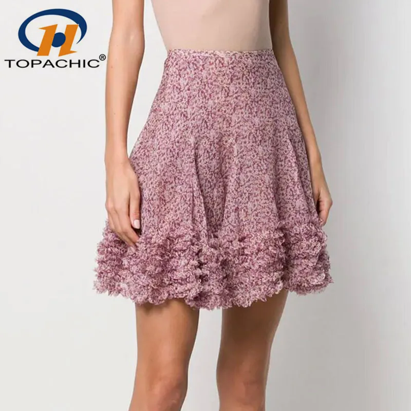 

4.24 2019 Summer Bohemian skirt Female 100% SILK Print A-Line Ruffles High waist Mini skirt