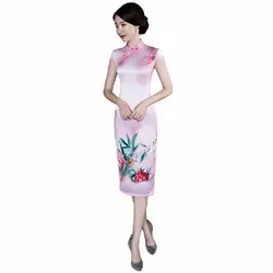 Шанхай история из искусственного шелка Qipao по колено Cheongsam национальный тренд китайский стильное платье розовый традиционное китайское