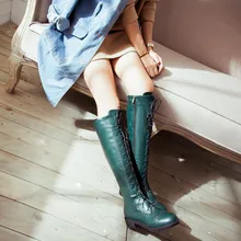 YMECHIC/Коллекция года; ботинки с перфорацией типа «броги» в стиле ретро на низком массивном каблуке со шнуровкой; женские сапоги до колена в байкерском стиле; высокие сапоги; Botas; зеленая женская обувь