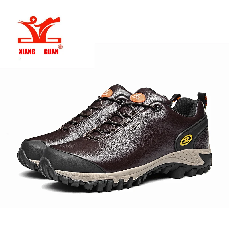 XIANGGUAN Man Genuine leather waterproof outdoor slip resistant shoes, brown hiking shoes breathable fishing sneakers 39-44