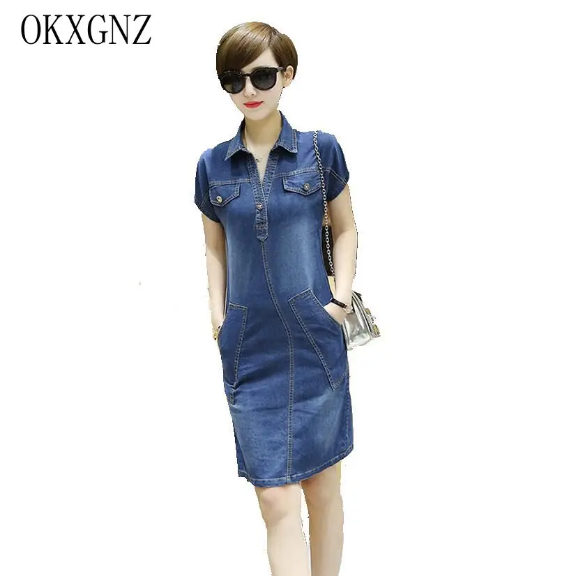 Summer Denim Dress Vestidos Women Slim Casual Vintage Short Sleeve Jeans Denim Dress 2018 New Fashion Dresses Plus size AH104