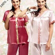 Женская шелковая пижама летняя с коротким рукавом с v-образным вырезом Шелковая вышитая Шелковая пижама из 2 предметов M/L/XL