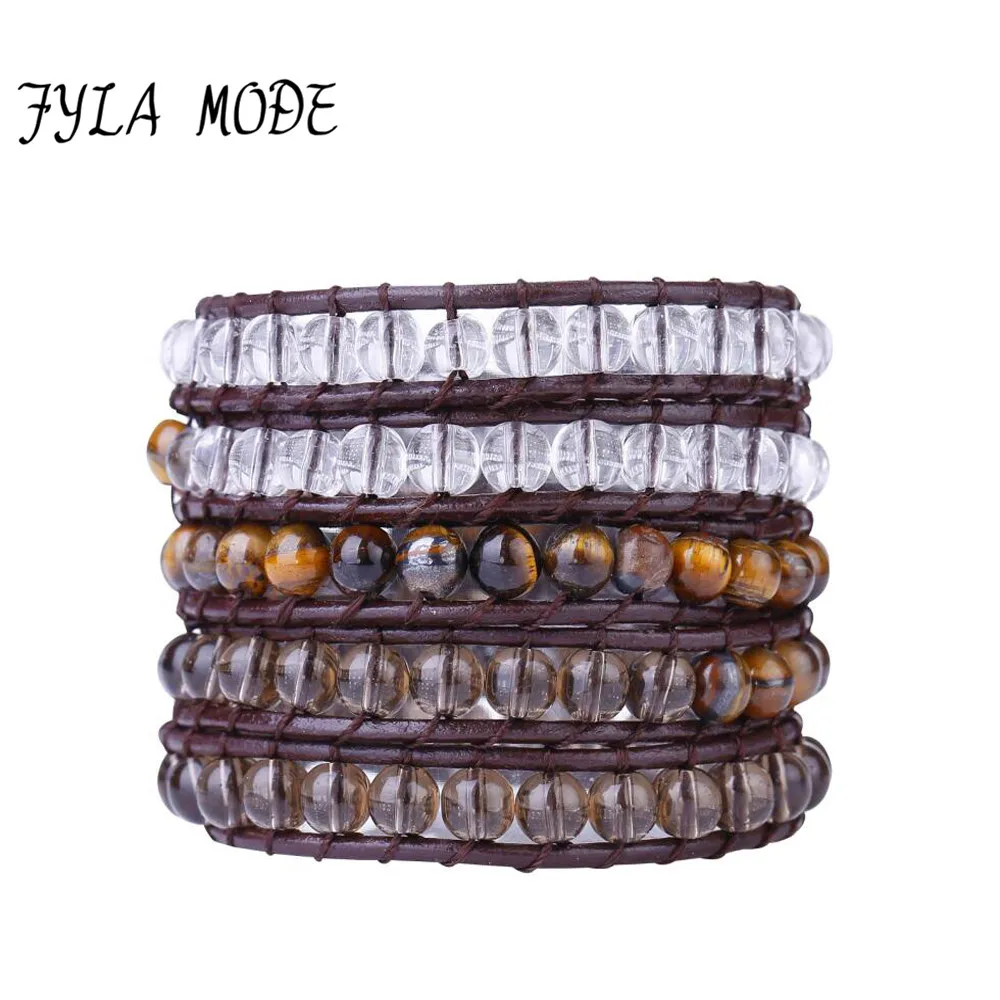 

Fyla Mode 6mm Natural Tea Crystal Tiger Eye Beaded Five Strand Handmade Brown Leather Wrap Bracelet Genuine Leather Bracelet