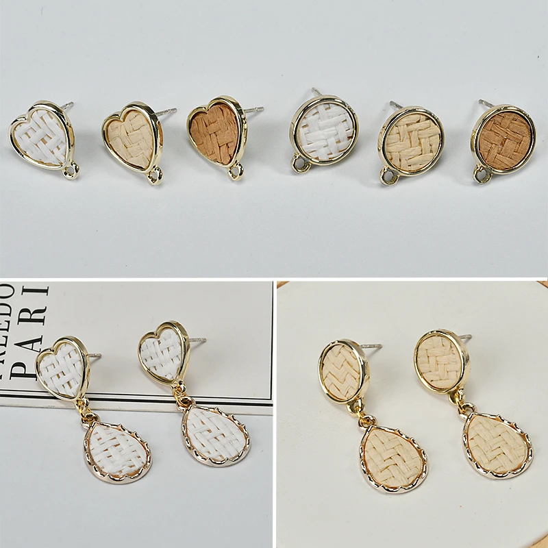 

Holiday style earrings straw rattan alloy accessories DIY handmade peach heart round ear pin ear jewelry materials