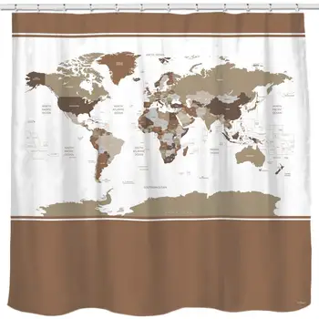 

Designer New Updated World Map Quality Fabric Shower Curtain with Countries and Ocean Tan Brown and White