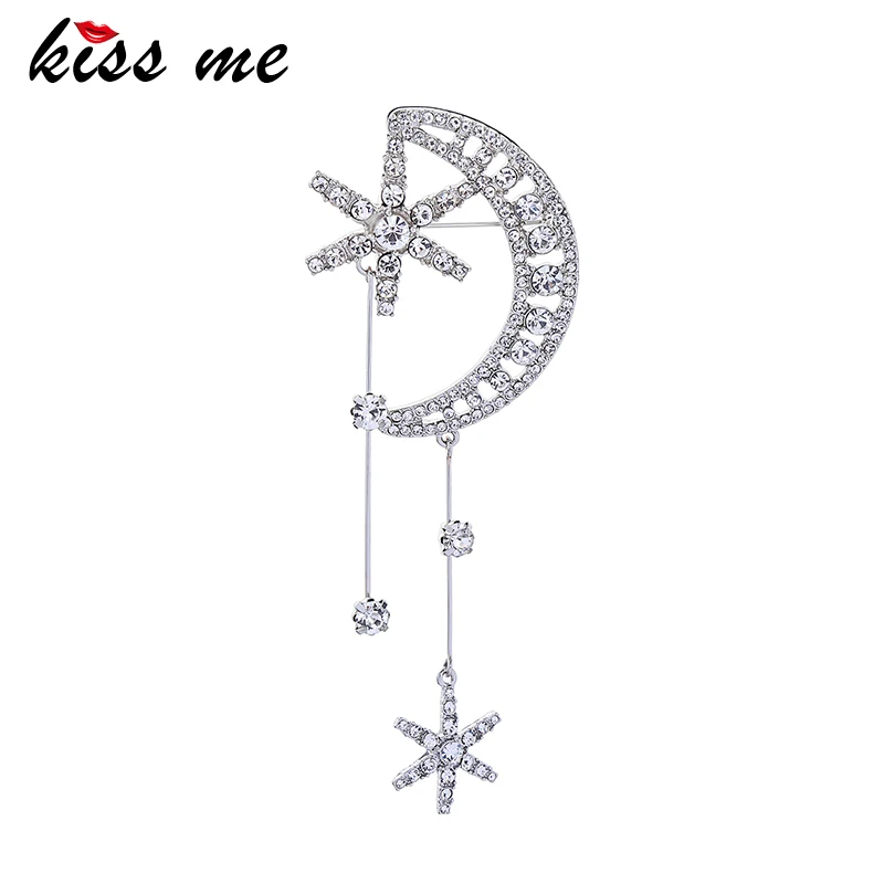

KISS ME Crystal Brooch Pin 2019 New Silver Color Snowflake Moon Brooches for Women Luxury Jewelry