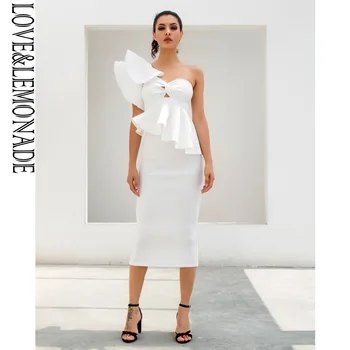 

LOVE&LEMONADE White One-Shoulder Ruffle Trim Two-Pieces Slim Sets LMLM81241