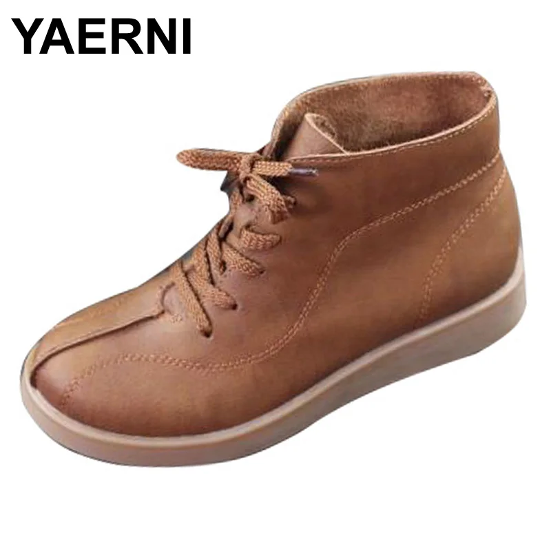 

YAERNI Womens Boots 100% Genuine Leather Ladies Ankle Boots Brown Flat Leather Ankle Boots Spring Autumn Female Footwear