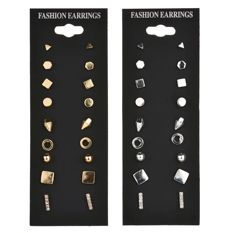

KingDeng 9 Pairs/set Geometric Crystal Stud Earrings Piercing Gold Color New Fashion Earring For Women Bijoux Jewelry