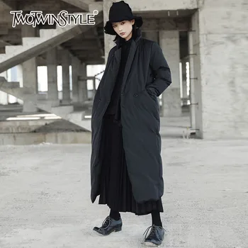 

TWOTWINSTYLE Black Cotton Coat Female Long Sleeve Women Overcoat Windbreaker Back Split Casual Clothes Big Sizes 2020 Winter New