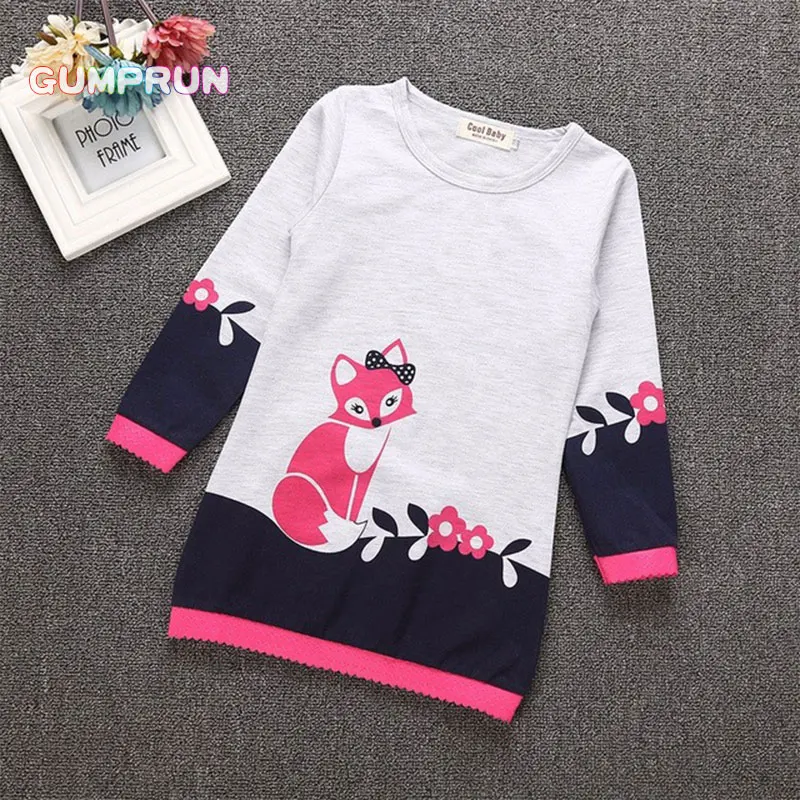 

Toddler Girl Clothes Autumn Children's A-line Dress Fox Floral Print Girl Dresses Long Sleeve Striping Magenta Princess dress