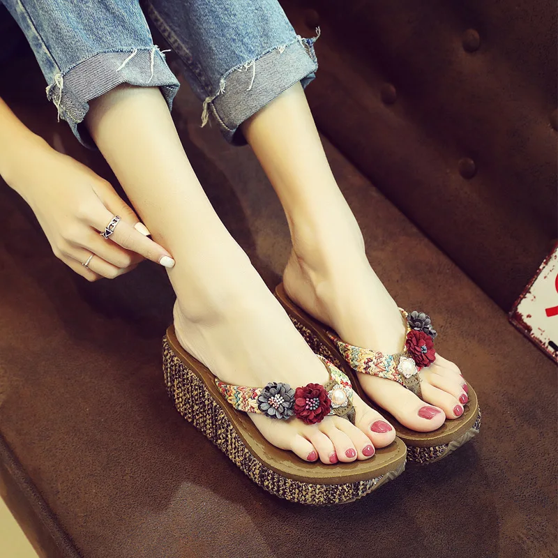 Shoes Woman Summer Bohemia Slippers Fashion Toes Flip Flops Flower Womens Wedge Sandals Beach Slippers Shoes