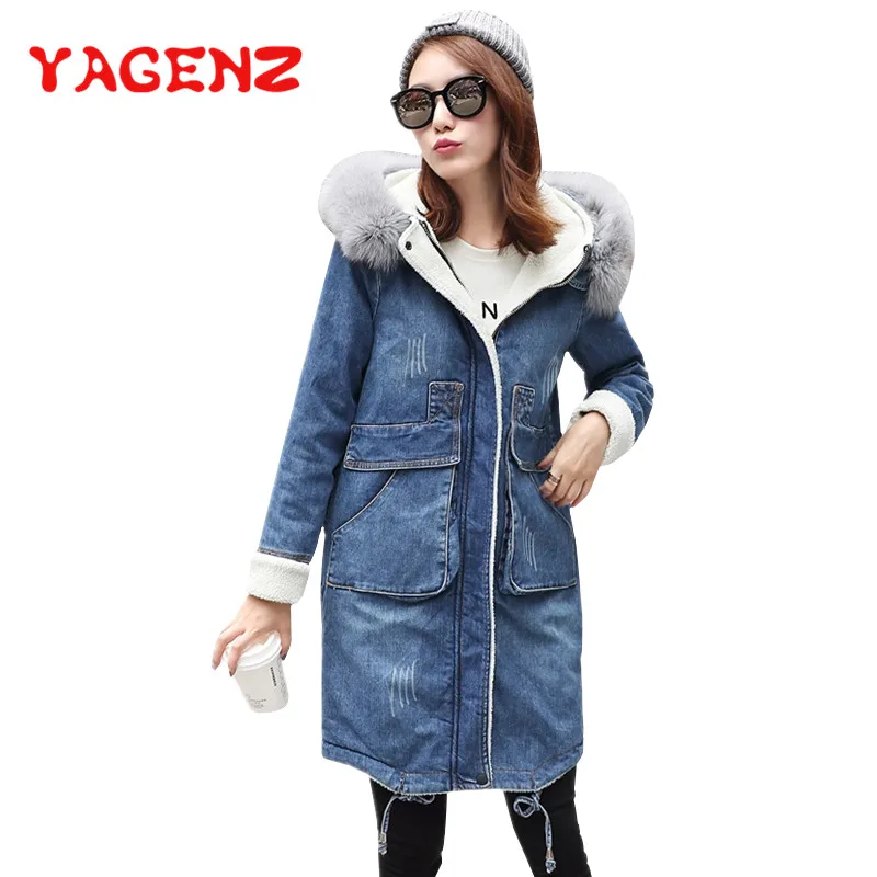 YAGENZ зимняя джинсовая куртка из искусственного меха, женское теплое длинное пальто, женская верхняя одежда, модная повседневная куртка с длинным рукавом, женское джинсовое пальто K144