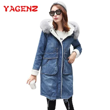 

YAGENZ Fake fur Winter Denim Jacket Women Warm Long Coat Ladies Outwear Fashion Long Sleeve Casual Jacket Female Jeans Coat K144