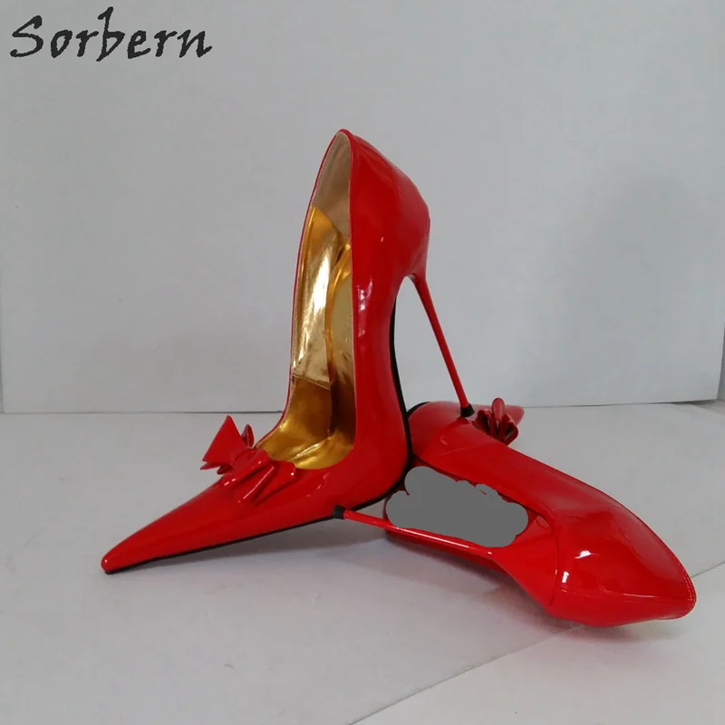 Sorbern/красные блестящие женские туфли-лодочки на золотистом каблуке 14 см, 16 см, 18 см вечерние туфли без застежки с острым носком и бантом женская обувь унисекс, размер 33-52