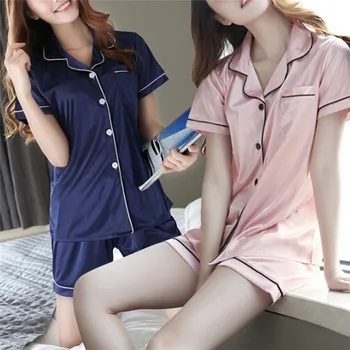 

Two Piece Set Womens Two Piece Pajamas Set Lapel Short Sleeve Tops and Shorts Sleepwear Pajamas Suit Female Nightwear
