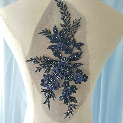 1 шт 28*16,5 см элегантная 3D Цветочная вышивка жемчугом бисером Кружевная аппликация с кружевной отделкой платья ткань материал цвета - Цвет: Navy blue