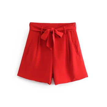 

Women stylish red shorts sashes pockets side zipper fly female elegant casual chic shorts pantalones cortos