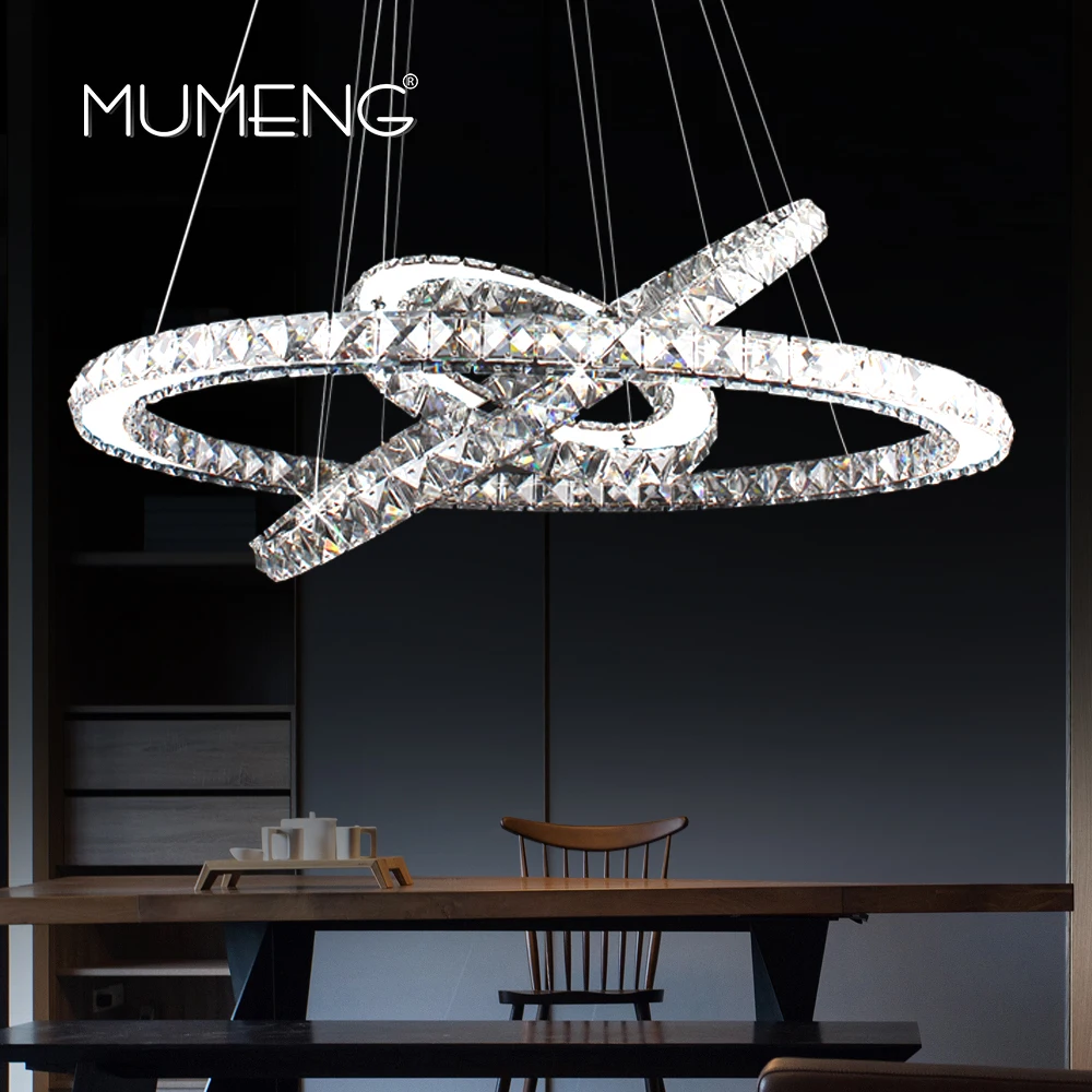 

mumeng Crystal Chandelier 3 Ring Hanging Light K9 crystal stainless steel Kitchen Lustre 90-265V Free Adjustable Light Fixture