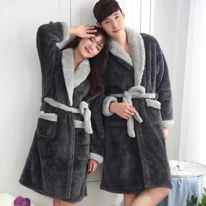 

2018 New Solid Arrival Lovers Flannel Winter Long Bathrobe Mens Bath Robe Men Women Night Dressing Gown Male Bathrobes