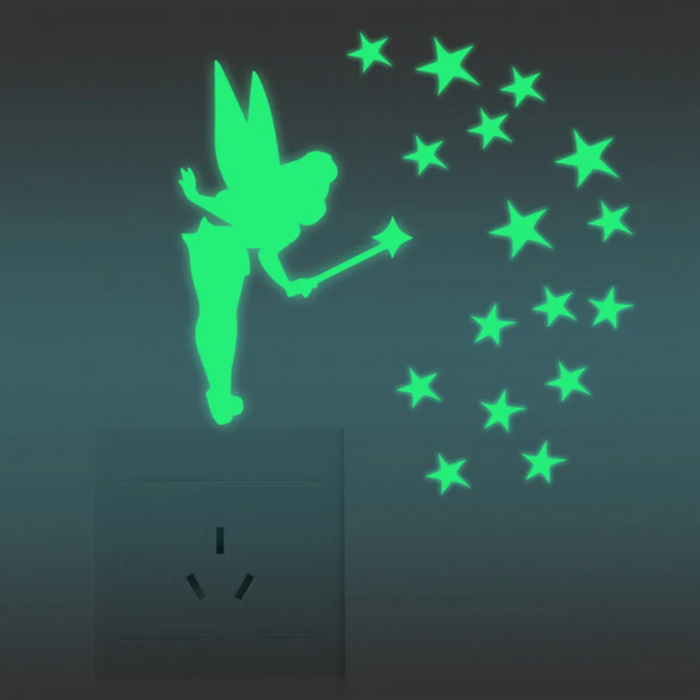 

Home Decoration Fairy Glitter Wing Acrylic Decal Tinker Sit Bell Fluorescent Luminous Switch Glow in Dark Stars F8 Wall Stickers