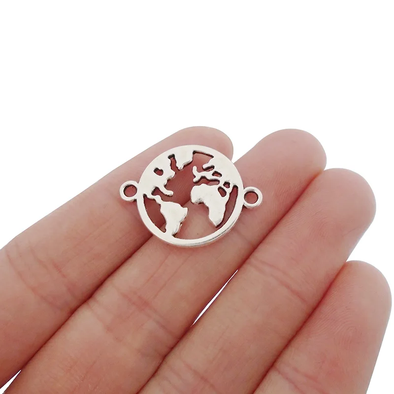 

15x Tibetan Silver Round Global World Map Connector Charms for Bracelet Jewelry Making Findings 26x19mm