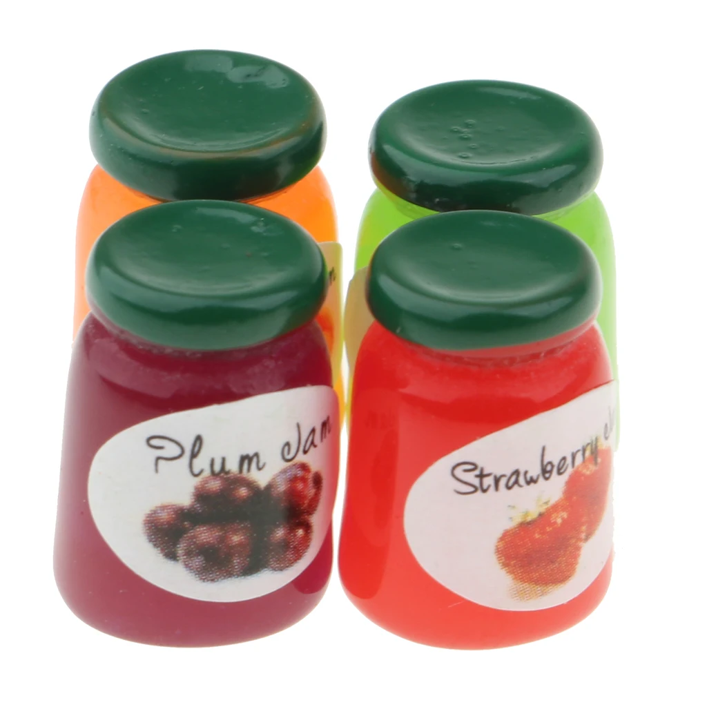 1/12 Doll House Miniatures 4 Bottles Canned Fruit Mix Pattern Fruit Jam Dining Room Food Resin Model Dollhouse Accessories
