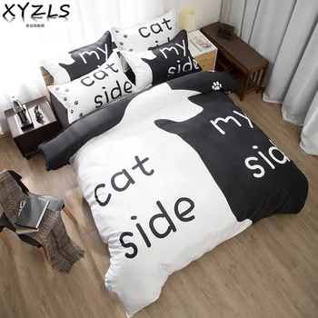 

XYZLS Cats Queen Cotton Bedding Set Couple White Cat Bedclothes Valentine Gift Bed Linings Full King Double Lover Bedding Kit