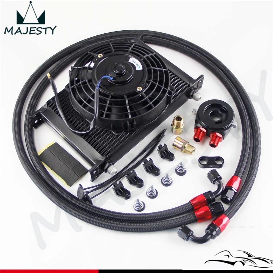 

25 Row AN8 Engine Oil Cooler / Filter adapter hose Kit + 7" Electric Fan