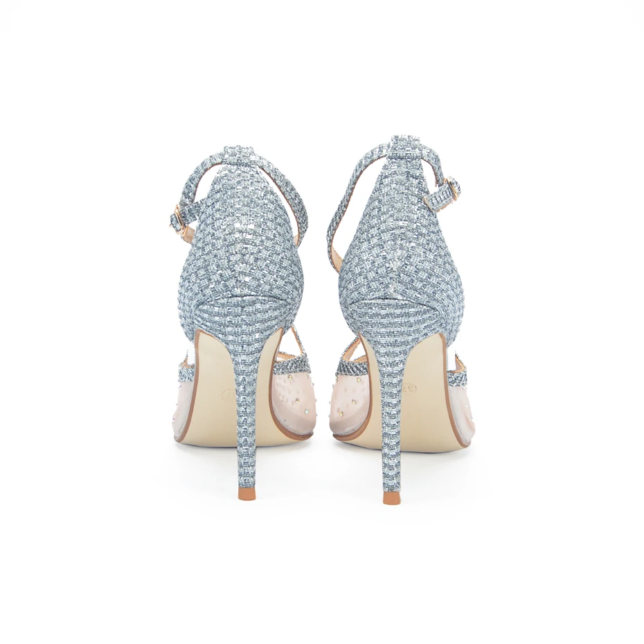 Stylesowner новые свадебные туфли серебристого цвета с поперечным Ремешком с сияющими блестками туфли-лодочки на шпильке Стразы сетчатые прозрачные босоножки; большой размер