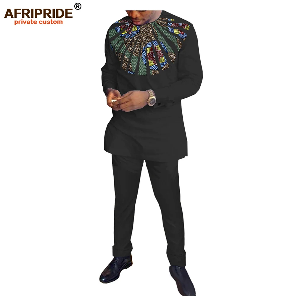 

2019 spring 2-pieces pants set for men AFRIPRIDE tailor made full sleeve top with appliques+full length pants men's set A1816010