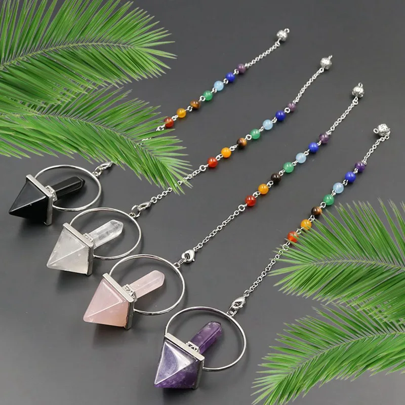 

Natural Stone Pendulum for Dowsing Hexagonal Prism Pyramid White Pink Crystal Obsidian Pendants Free Shipping