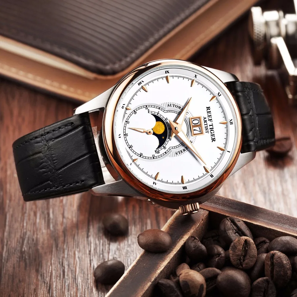 Часы мужские механические с двойным окошком и кожаным ремешком|tiger fashion|watch fwatch