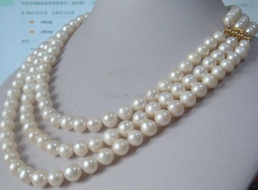 

LHX54013>>Charming 3 Row Natural 9-10mm AAA+ White South Sea Pearl Necklace