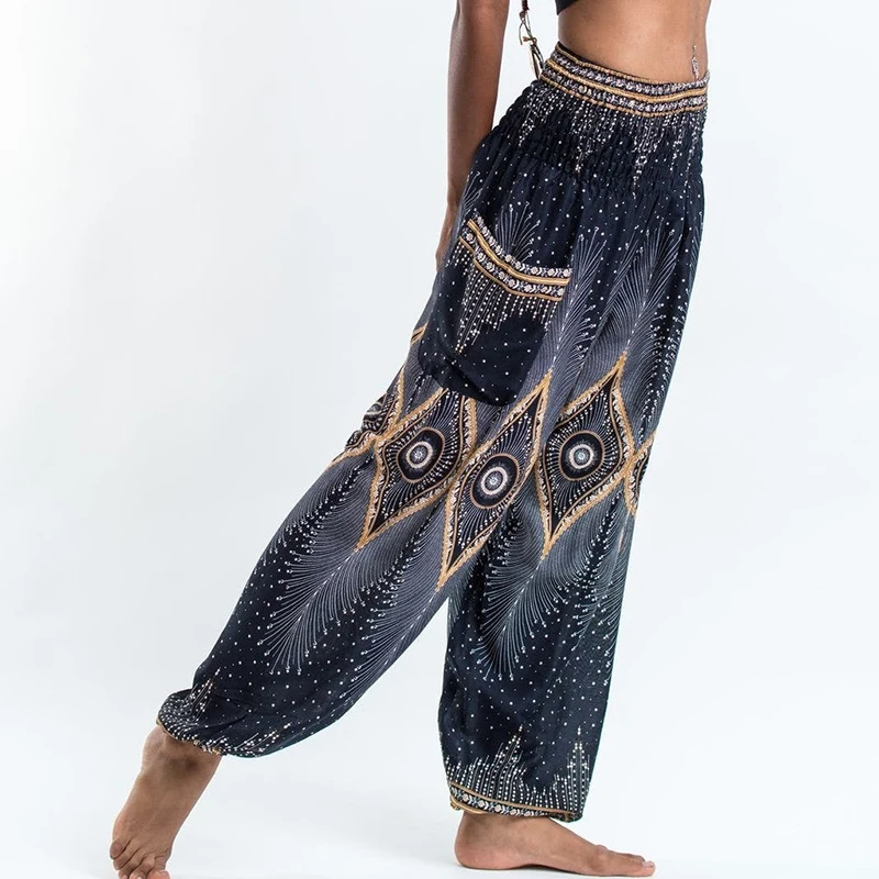 Women National Style Loose Cotton Printed Pants Elastic Baggy Boho Female Harem Long Pants Comfy Side Pocket Indie Folk Trousers Women National Style Loose Cotton Printed Pants Elastic Baggy Boho Female Harem Long Pants Comfy Side Pocket Indie Folk Trousers