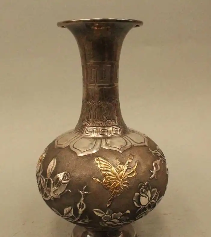 

8" China Chinese Folk Pure Silver 24K Gold dragonfly Flower Vase Pot
