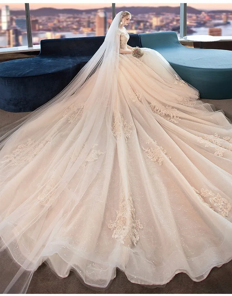 Robe De Mariage роскошное свадебное платье бальное платье с коротким рукавом Свадебные платья Шампанское принцесса свадебное платье с длинным хвостом