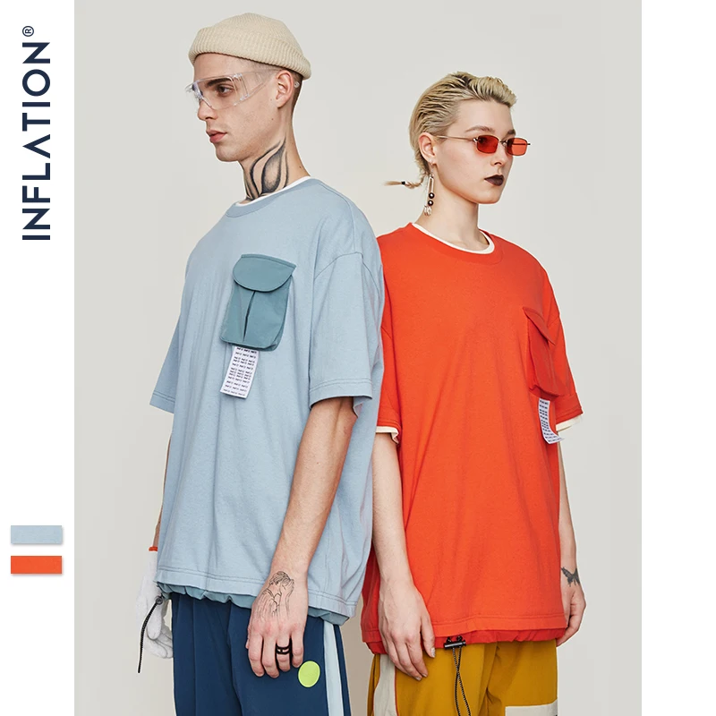 

INFLATION Elastic Drawstring Cotton T-shirt New Style Unisex Casual Oversized Crew Neck Front Pocket Fashion Tee 9169S