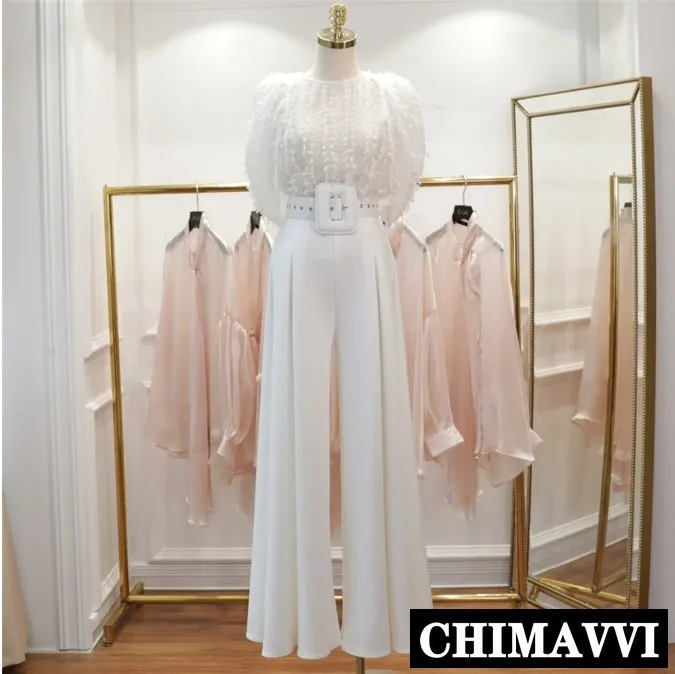 

2019 Summer New Women's Sexy Perspective Chiffon Blouse Top + Belt + High Waist Wide Leg Pants 3 Piece Lady Elegant Pants Set