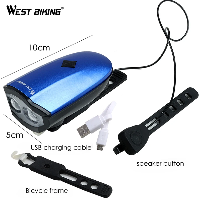 Top WEST BIKING Bike Bell Light 3 Modes Bicycle Headlight Bicycle Horn Waterproof Lamp USB Rechargeable 140 db Horn Front Headlight 3