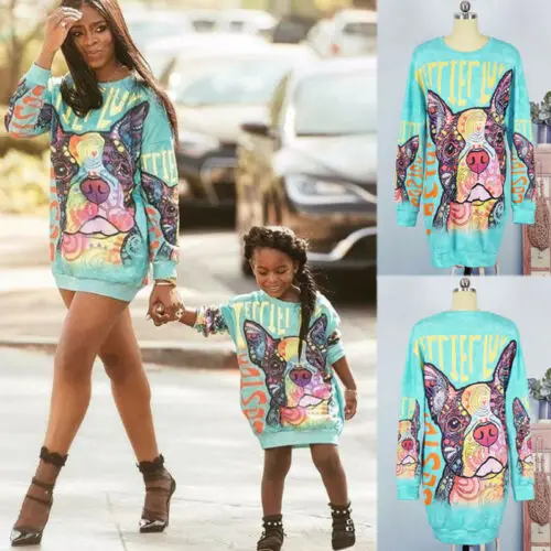 

Newest Casual Fashion Animal Print Mother Daughter Dress Women Kids Girl Long Sleeve Knee-Length Painting Dress Family Clothes