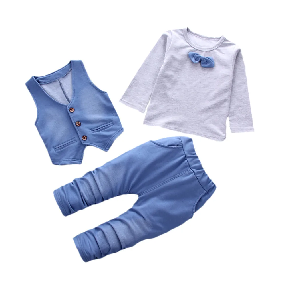 Г. Комплекты для детей модная одежда для малышей джинсовая стильная футболка с длинными рукавами и галстуком+ брюки+ жилет, комплект одежды джентльмена, Прямая поставка