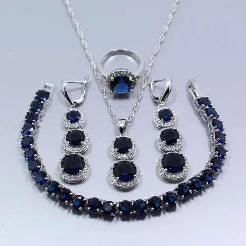 925 серебро Для женщин 4 комплект ювелирных изделий ААА+ качество синий Длинные серьги из циркония кольцо ожерелье кулон браслет Z71 - Окраска металла: 4PCS Ring Size  9