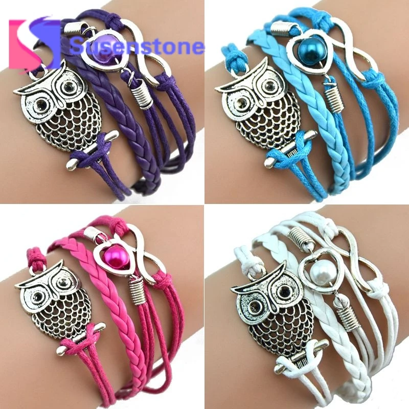 

2019 Multilayer Leather Braided Bracelets Infinity Owl Imitation Pearl Bracelet Bangles Pulsera for Wowens Jewelry Drop Shipping